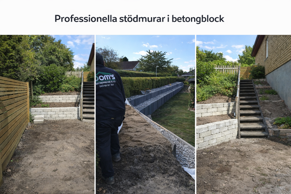 Professionella stödmurar i Malmö – Dom’s Entreprenad - Stensättning Malmö – Dom’s Entreprenad Stödmurar i betongblock i Malmö – professionell mur och markarbete i trädgård